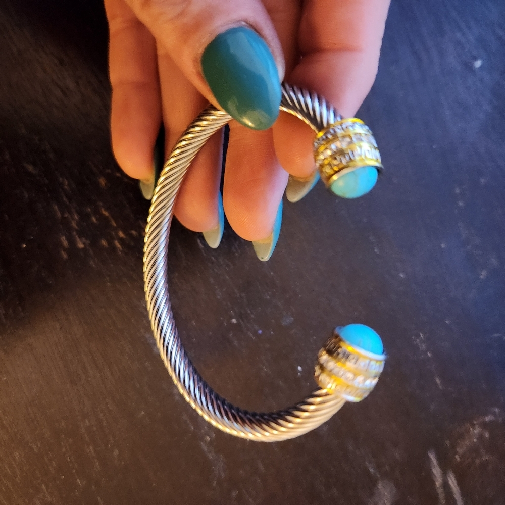 Silver-Tone Twisted Cable Cuff Bracelet with Turquoise Accents